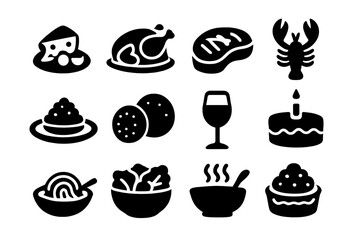 Gourmet Icon Set. Gourmet Platter. Solid icon set of Gourmet Platter: cheese platter, roasted turkey, steak, lobster, caviar, truffle, wine glass, chocolate
