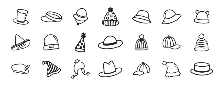 hat doodle hand drawn icon set. Outline drawing hats line clipart symbol collection