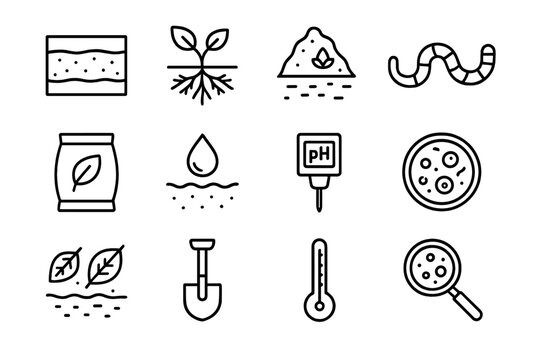 Soil Health Icons. Soil health. Line icon set of Soil health: soil profile, plant roots, compost heap, earthworm, fertilizer bag, moisture drop, pH meter,
