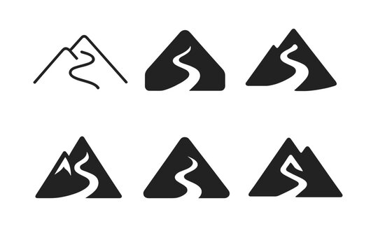 Minimalist Skiing Logos. Skiing on mountain slopes. Icon set. Set Logo of skiing on mountain slopes: minimalist mountain with winding ski trails. harmonious