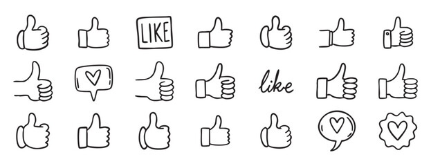 Thumbs up like doodle hand drawn icon set. Social media approval button. Hand gesture vector illustration for web design