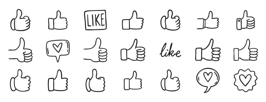 Thumbs up like doodle hand drawn icon set. Social media approval button. Hand gesture vector illustration for web design