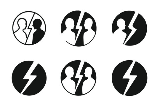 Hostile Takeover Logos. Hostile takeover. Icon set. Set Logo of hostile takeover: two arrows clashing in opposite directions. harmonious logo variations of the