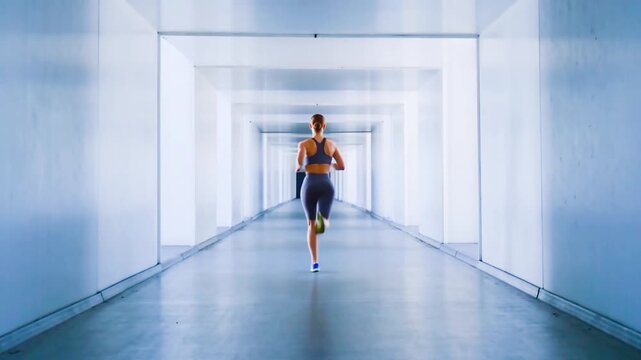 runner athlete perspective running woman black sportswoman room studio marathon architecture interior model back view legging run