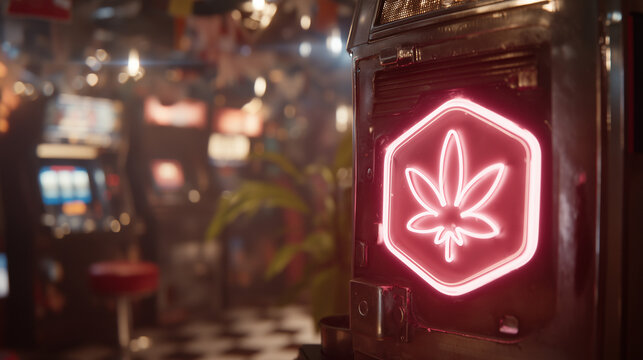 Close-up of glowing neon cannabis leaf sign inside a retro-style casino with blurred slot machines in the background.