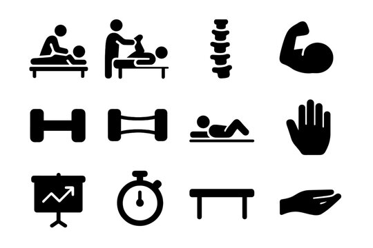 Physiotherapy Icon Set. Physiotherapy session. Solid icon set of physiotherapy session: therapist, patient, stretching, spine, muscle, dumbbell, band, mat,