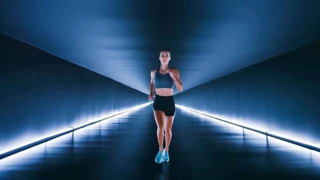 run perspective running woman athlete sportswoman facing corridor neon runner dark interior light action fitness training