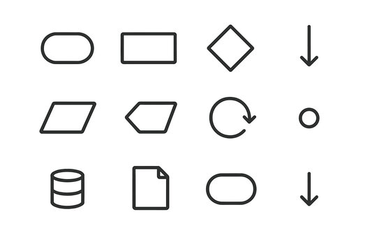 Algorithm Flowchart Icons. Flowchart for algorithm design. Line icon set of flowchart for algorithm design: start symbol, process box, decision diamond, arrow,