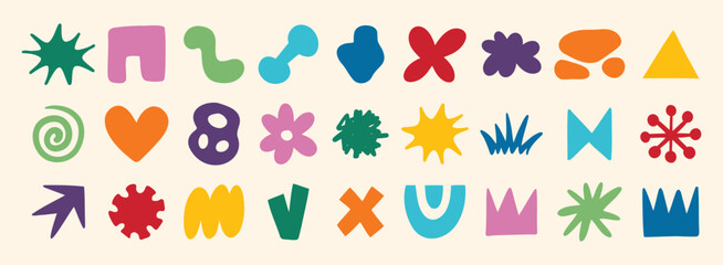 colorful organic doodle hand drawn colorful set. shapes and squiggles childish style. Abstract funny cute kids shapes elements. naive art