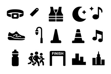 Obraz premium Night Run Icons. Night Run. Solid icon set of Night Run: headlamp, glow stick, reflective vest, moon, stars, neon shoe, street lamp, safety cone, music note,