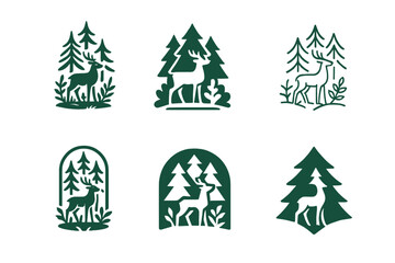 Obraz premium Forest Ecosystem Logos. forest ecosystem. Icon set. Set Logo of forest ecosystem: sun and water cycle over forest. harmonious logo variations of the same