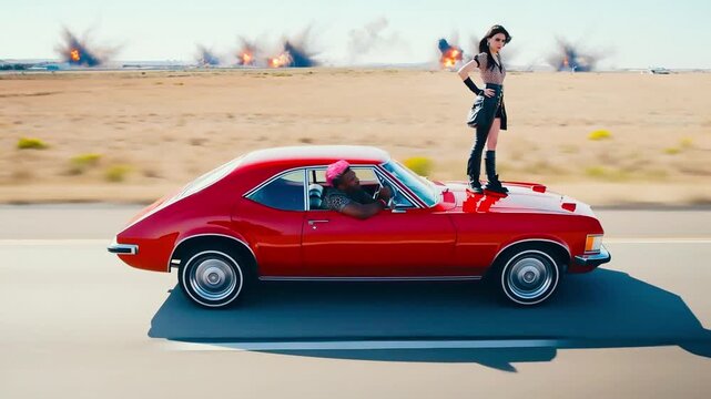 freedom burnout couple travel punk driver hero engine master retro car country automobile road war explosion standing hood - Powered by Adobe