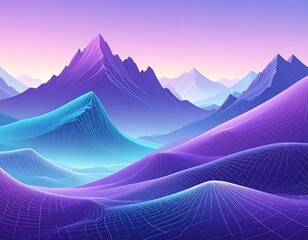 Abstract mountain range with vibrant purple and blue hues and geometric mesh landscape