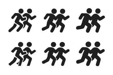 Naklejka premium Dynamic Logo Variations. Teamwork in motion. Icon set. Set Logo of progress: running figures. harmonious logo variations of the same emblematic concept, each