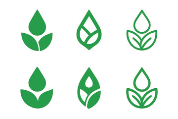 Eco Label Variations. Green label design with eco vibes. Icon set. Set Logo of green label design with eco vibes: water droplet leaf. harmonious logo