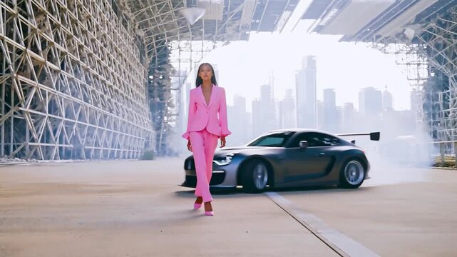 drift fashion woman ruin parade industrial car engine phone drifting cityscape urban building