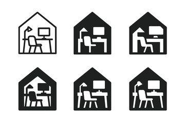 Fototapeta premium Hybrid Work Icons. Remote and hybrid workplaces. Icon set. Set Logo of Remote and hybrid workplaces: home office desk setup. harmonious logo variations of the
