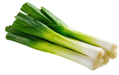 Close-up of fresh leeks.  Bright green leaves transition to pale white bulbs.  Bunch of slender stalks