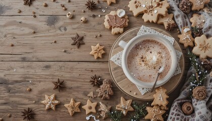 Cozy christmas scene with hot chocolate and gingerbread cookies on wooden table