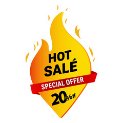 Hot Sale 20 percent off special offer flame-shaped badge. Dynamic vector sticker for retail promotion, clearance, and limited time discounts. Isolated PNG.