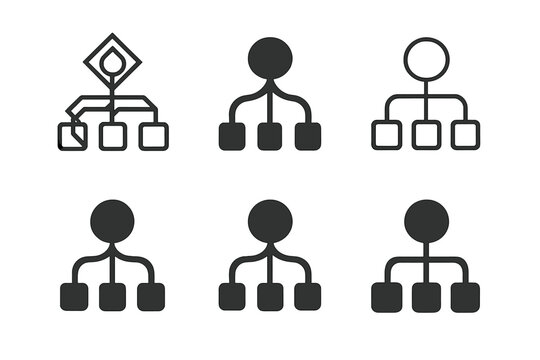 Decision Tree Logos. Data-driven decisions. Icon set. Set Logo of decision tree: branching path diagram. harmonious logo variations of the same emblematic