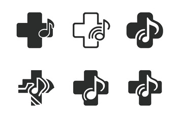 Obraz premium Therapeutic Music Icons. Music as a therapeutic tool. Icon set. Set Logo of Music as a therapeutic tool: headphones with heart symbol. harmonious