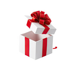 Open gift box with red ribbon and bow