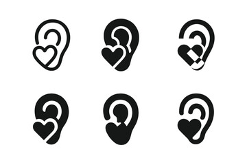 Compassionate Listening Icons. Compassionate Listening. Icon set. Set Logo of Compassionate Listening: Ear with Heart. harmonious logo variations of the same