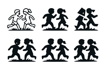 Fototapeta premium Children Yard Logos. Chasing kids in the yard. Icon set. Set Logo of Chasing kids in the yard: children running across grass. harmonious logo variations of the