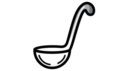 Graphic illustration of a silver ladle for cooking and food preparation on transparent