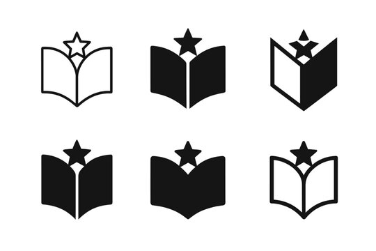 Best-Seller Emblem Variations. Best-seller lists. Icon set. Set Logo of best-sellers: open book with star. harmonious logo variations of the same emblematic