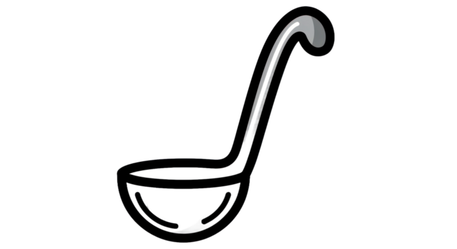 Graphic illustration of a silver ladle for cooking and food preparation on transparent