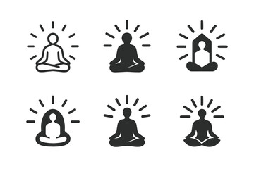 Meditative Logo Variations. Spiritual growth and finding purpose. Icon set. Set Logo of Spiritual growth and finding purpose: person meditating with radiating