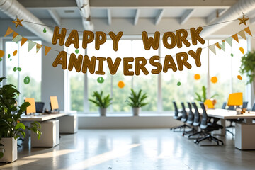 Happy Work Anniversary Celebration in Modern Office Workspace