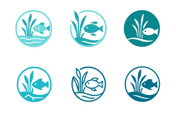 Aquatic Balance Icons. Freshwater lakes with crystal-clear water. Icon set. Set Logo of aquatic balance: fish swimming around reeds. harmonious logo variations