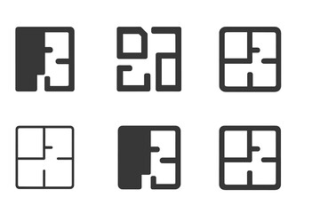Modular Apartment Logos. Modular apartments. Icon set. Set Logo of Modular apartments: Apartment building. harmonious logo variations of the same emblematic