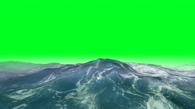 Vivid blue sea with frothy waves and dynamic motion on green screen