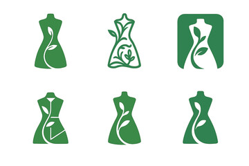 Eco Couture Icons. Eco-conscious fashion shows and events. Icon set. Set Logo of eco couture: dress silhouette with vine pattern. harmonious logo variations of
