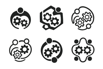 Synchronized Gear Logos. Teamwork in motion. Icon set. Set Logo of coordination: synchronized gears. harmonious logo variations of the same emblematic concept,