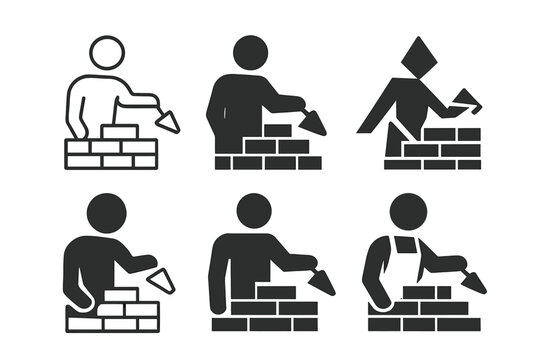 Bricklayer Logo Variations. Bricklayers constructing buildings. Icon set. Set Logo of Bricklayers constructing buildings: Crane lifting bricks. harmonious logo