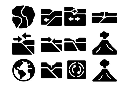 Tectonic Plate Icons. Plate tectonics. Solid icon set of Plate tectonics: tectonic plates, subduction zone, divergent boundary, convergent boundary, transform
