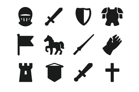 Medieval Knight Icons. Medieval knights. Solid icon set of medieval knights: helmet, sword, shield, armor, flag, horse, lance, gauntlet, castle tower, banner,