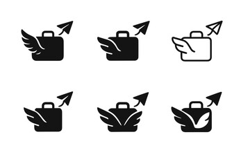 Escapism Logo Icons. Escapism in Marketing. Icon set. Set Logo of Escapism in Marketing: suitcase with wings and paper plane trail. harmonious logo variations