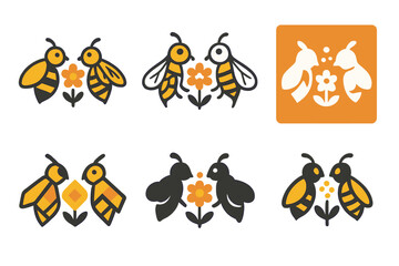 Bee Pollination Icons. Bees and pollination. Icon set. Set Logo of Bees and pollination: honeybee hovering over flower. harmonious logo variations of the same