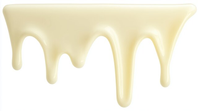 White melted chocolate dripping from top edge on white background. Smooth creamy flow with glossy texture in soft light. Sweet dessert ingredient isolated