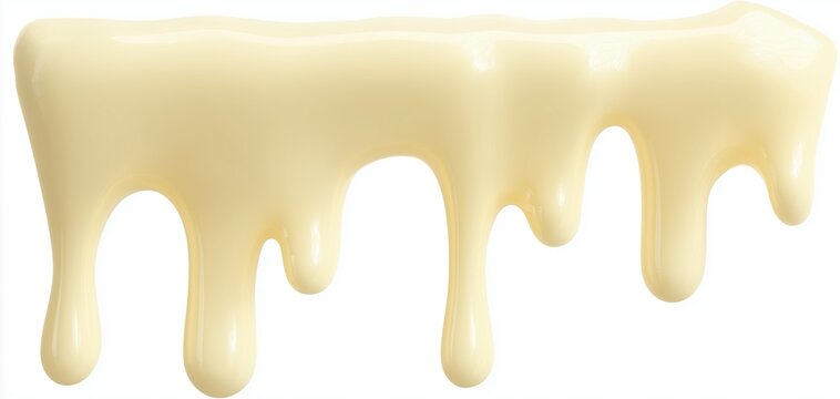 White melted chocolate dripping from top edge on white background. Smooth creamy flow with glossy texture in soft light. Sweet dessert ingredient isolated