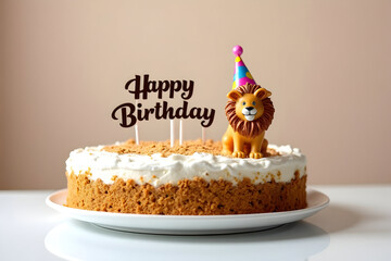 Happy Birthday Funny lion cake with brown background spotlight