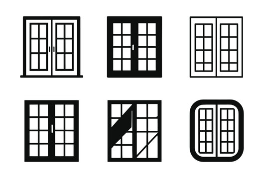 Sliding Door Logos. Sliding doors. Icon set. Set Logo of sliding doors: glass patio slider with two panels and central handle. harmonious logo variations of