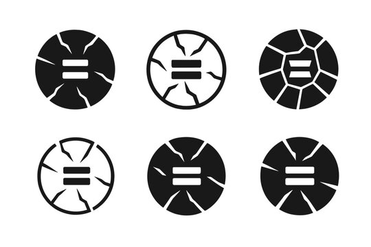 Diverse Unity Icons. Breaking stereotypes. Icon set. Set Logo of Breaking stereotypes: cracked glass with equality sign. harmonious logo variations of the same