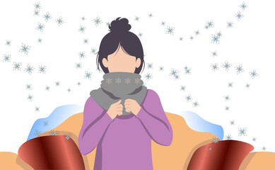 Young woman in a lavender sweater, adjusts a chunky knitted snood, surrounded by graphic snowflakes on a warm background